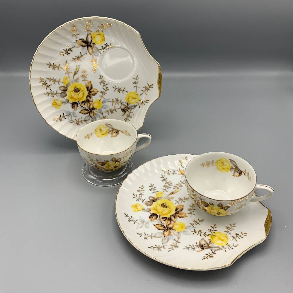 Set of 2 Yellow Rose China Shell Shaped Snack Lunch Cups Plates Grannycore 1930